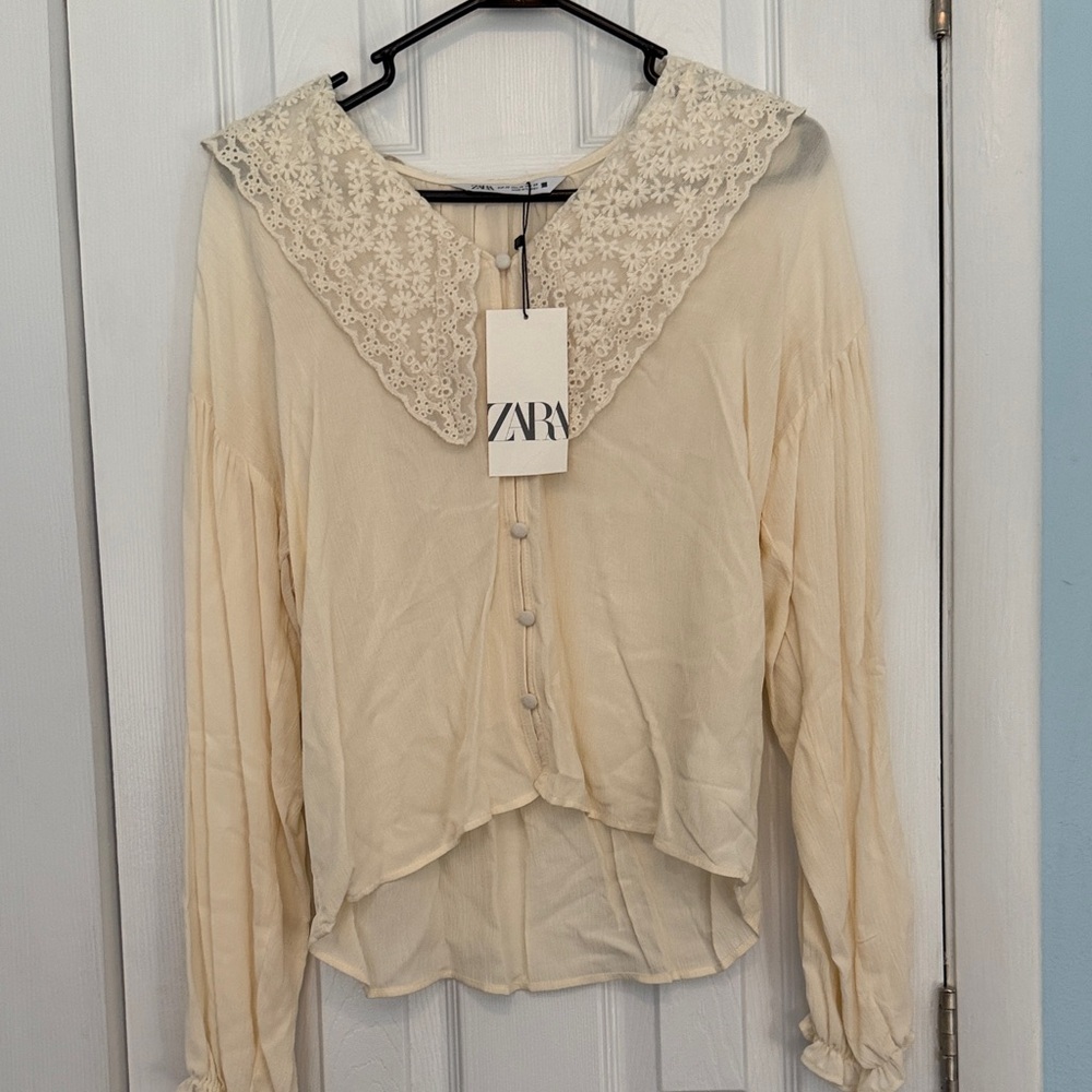 Zara Women's Cream Blouse with Lace Collar